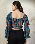 Blue Floral Print Puff Sleeve Crop Top