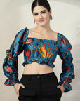 Blue Floral Print Puff Sleeve Crop Top