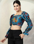 Blue Floral Print Puff Sleeve Crop Top