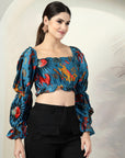 Blue Floral Print Puff Sleeve Crop Top