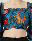 Blue Floral Print Puff Sleeve Crop Top