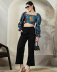 Blue Floral Print Puff Sleeve Crop Top