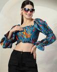 Blue Floral Print Puff Sleeve Crop Top