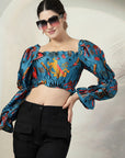 Blue Floral Print Puff Sleeve Crop Top