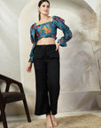 Blue Floral Print Puff Sleeve Crop Top
