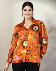 Orange Printed Opaque Printed Casual Buttoned Top