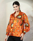 Orange Printed Opaque Printed Casual Buttoned Top