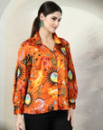 Orange Printed Opaque Printed Casual Buttoned Top