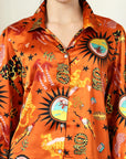 Orange Printed Opaque Printed Casual Buttoned Top