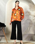 Orange Printed Opaque Printed Casual Buttoned Top