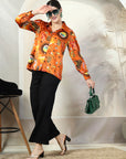 Orange Printed Opaque Printed Casual Buttoned Top