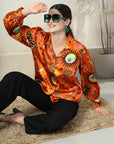 Orange Printed Opaque Printed Casual Buttoned Top