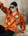 Orange Printed Opaque Printed Casual Buttoned Top