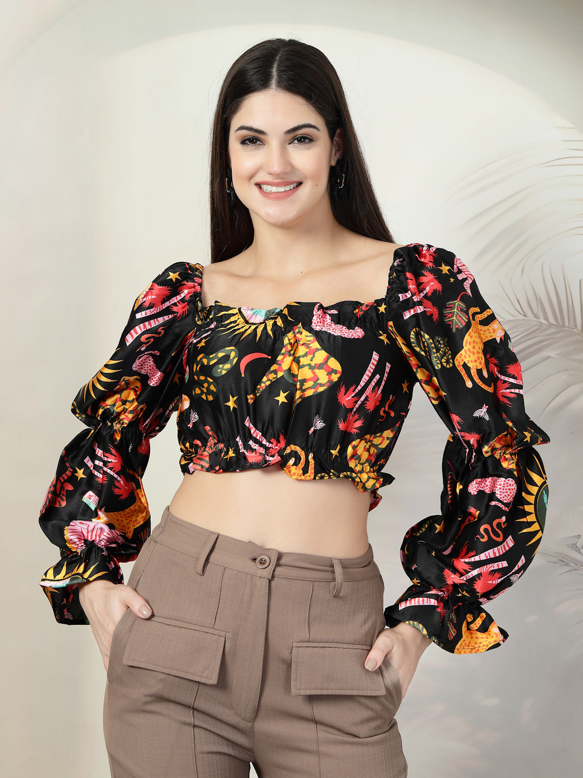 Back Floral Print Puff Sleeve Crop Top