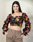 Back Floral Print Puff Sleeve Crop Top