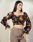 Back Floral Print Puff Sleeve Crop Top