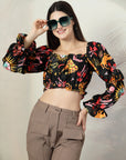 Back Floral Print Puff Sleeve Crop Top