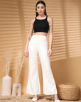 Cream Solid Regular Trousers Women Loose Fit Trousers