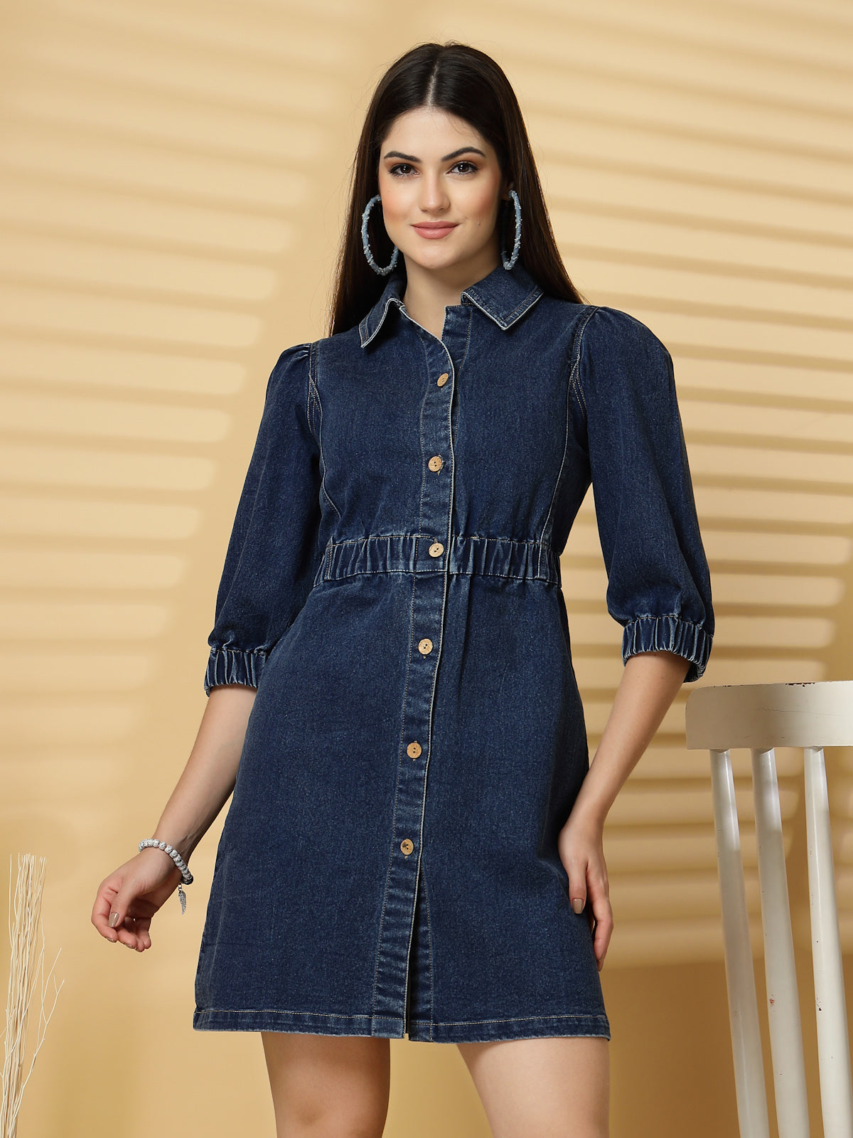 Blue Solid A-line Denim dress