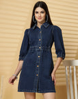 Blue Solid A-line Denim dress