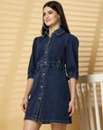 Blue Solid A-line Denim dress