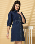 Blue Solid A-line Denim dress