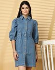 Light Blue Solid A-line Denim dress