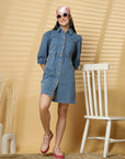 Light Blue Solid A-line Denim dress