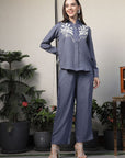 Shirt Collar Embroidered Cotton Shirt With Trousers Co-Ords Set blue