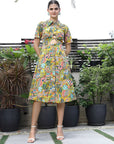 Floral Printed Shirt Collar Short Sleeves Shirt Dress Yellow