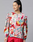 Blue Floral Print Casual Buttoned Top