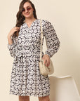 White Black Monochrome Geometric Printed Puff Sleeves Gathered Fit Flare Dress