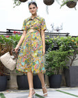 Floral Printed Shirt Collar Short Sleeves Shirt Dress Yellow