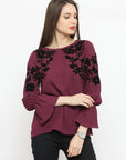 Burgundy Floral Bell Sleeves A-Line Top