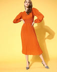 Women Solid Midi Accordion Pleated Vacay Attire