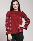 CINK Maroon Geometric Embroidered Boxy Top
