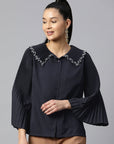 Navy Blue Buttoned Top Style Top
