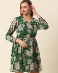 Green Beige Floral Printed Puff Sleeves Gathered A-Line Dress