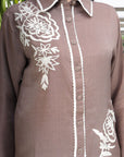 Shirt Collar Embroidered Cotton Shirt With Trousers Co-Ords Set brown