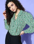 Women Classic White Geometric Vacay Attire Buttoned Top