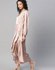 Women Peach-Coloured Satin Finish Solid Maxi Wrap Dress