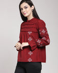 CINK Maroon Geometric Embroidered Boxy Top