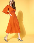 Women Solid Midi Accordion Pleated Vacay Attire