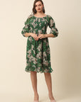 Green Beige Floral Printed Puff Sleeves Smocked A-Line Dress