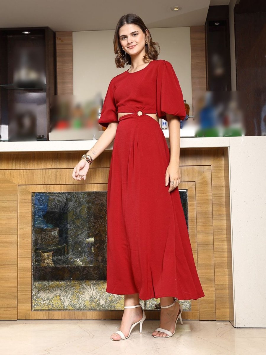 Women Self Design Flared Sleeve Cut-Outs Fit Flare Midi Dress