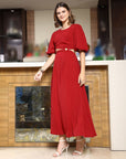 Women Self Design Flared Sleeve Cut-Outs Fit & Flare Midi Dress red