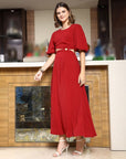 Women Self Design Flared Sleeve Cut-Outs Fit & Flare Midi Dress red