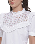 White Schiffli Puff Sleeves Pure Cotton Laced Regular Top