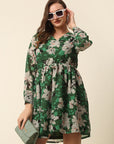 Green Beige Floral Printed Puff Sleeves Gathered A-Line Dress