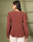 Women Collarless Solid Full Sleeves Buttoned Top